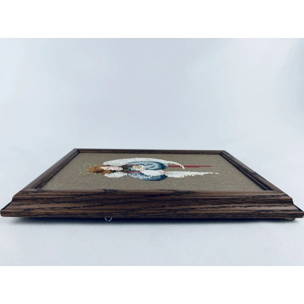 Wooden Framed Vintage Needlepoint Cross-Stitch‎ Guardian Angel Tapestry Picture
